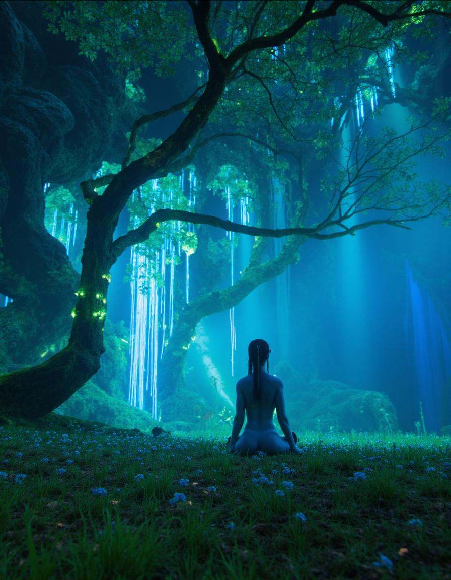 avatarlora,  A serene scene of a Na'vi elder meditating under the Tree of Souls,  connected by glowing neural fibers on Te...