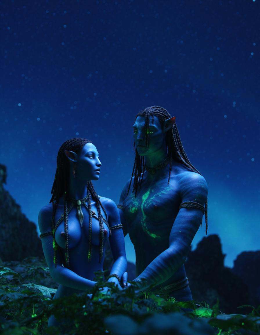 avatarlora,  Two Na'vi bonding under a Pandora night sky filled with stars,  bioluminescent flora illuminating the scene o...