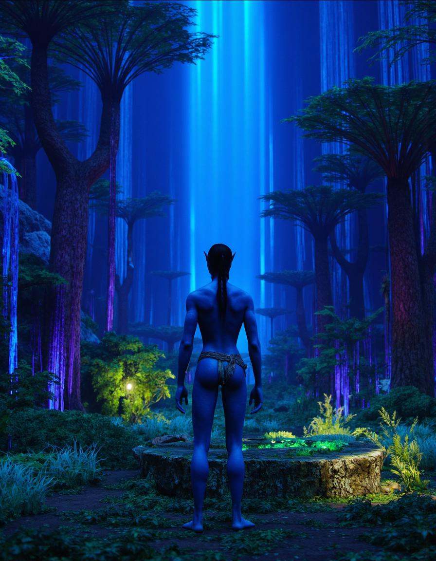 avatarlora,  A Na'vi warrior standing in a glowing bioluminescent forest on Pandora,  surrounded by vibrant plants on Tens...