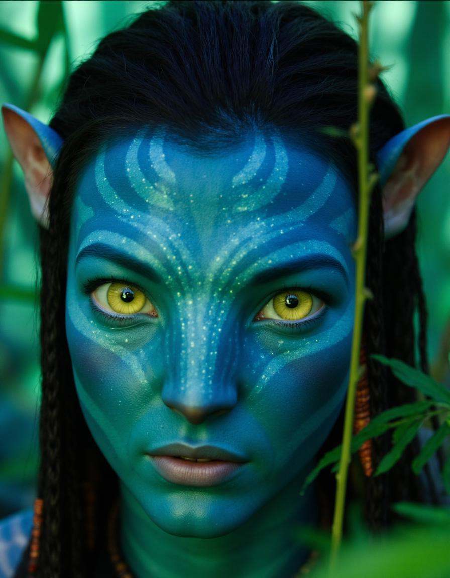avatarlora,  A close-up of a Na'vi character with intricate face paint and piercing yellow eyes,  lit by the glowing plant...