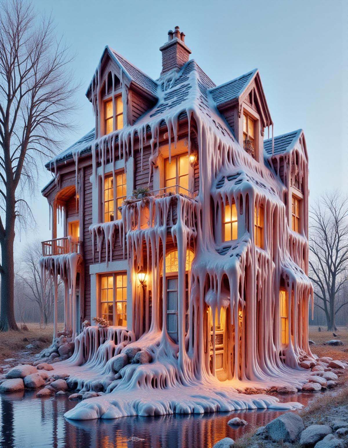 meltinglora,  photography of a melting house on Tensor.Art