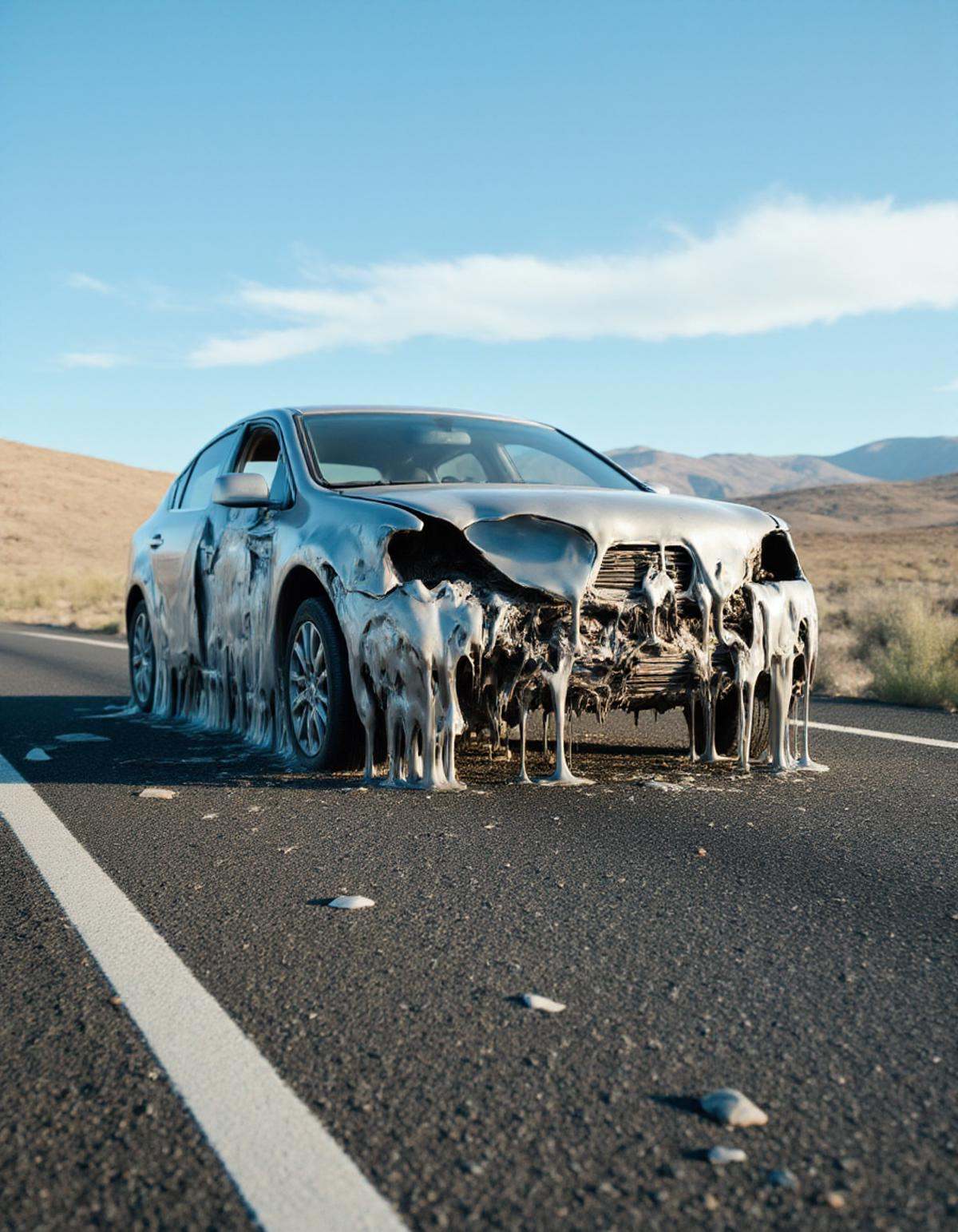 photography of a melting car un a highway in the desert on Tensor.Art