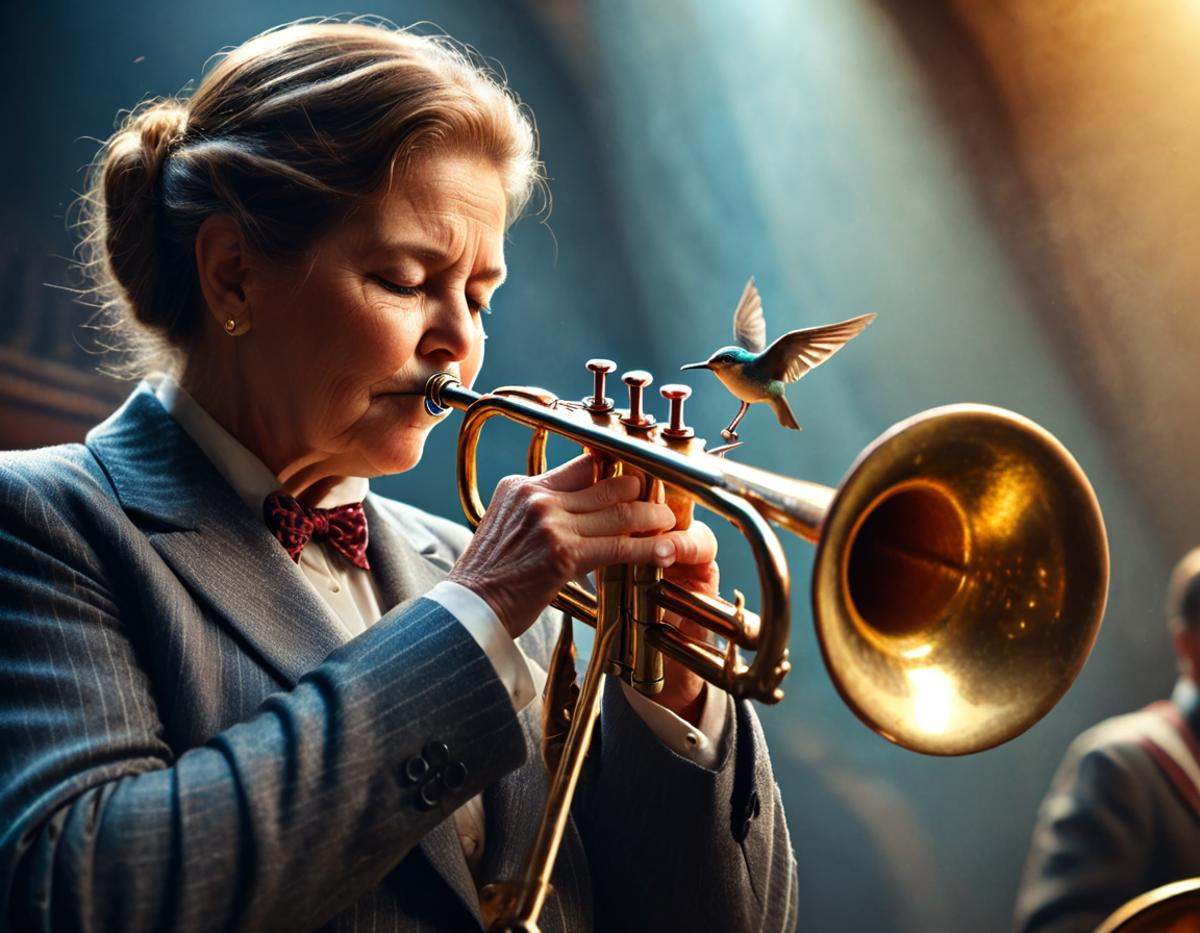 cinematic still musicianlora,  bird playing trumpet . emotional,  harmonious on Tensor.Art