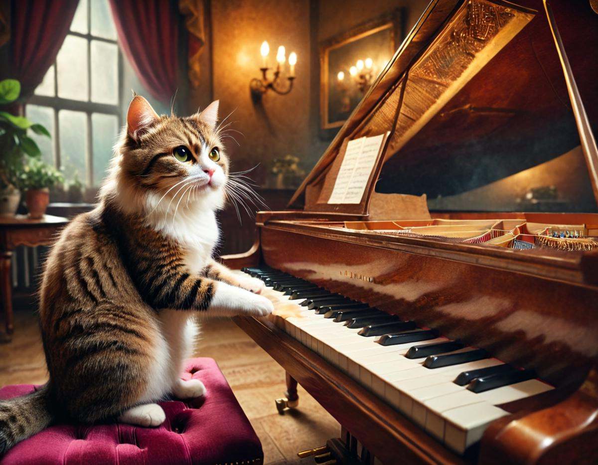 cinematic still musicianlora,  cat playing piano . emotional,  harmonious on Tensor.Art