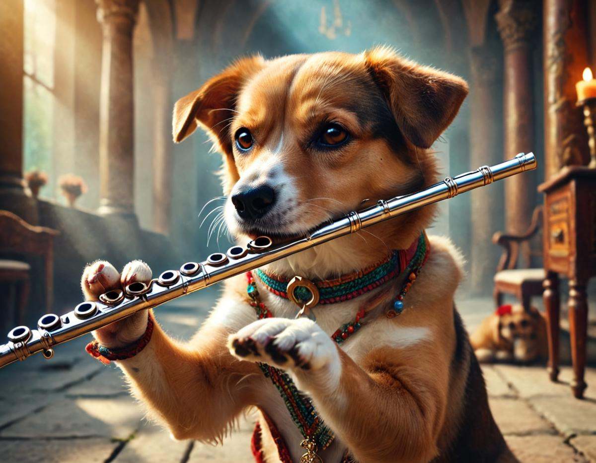 cinematic still musicianlora,  dog playing flute . emotional,  harmonious on Tensor.Art