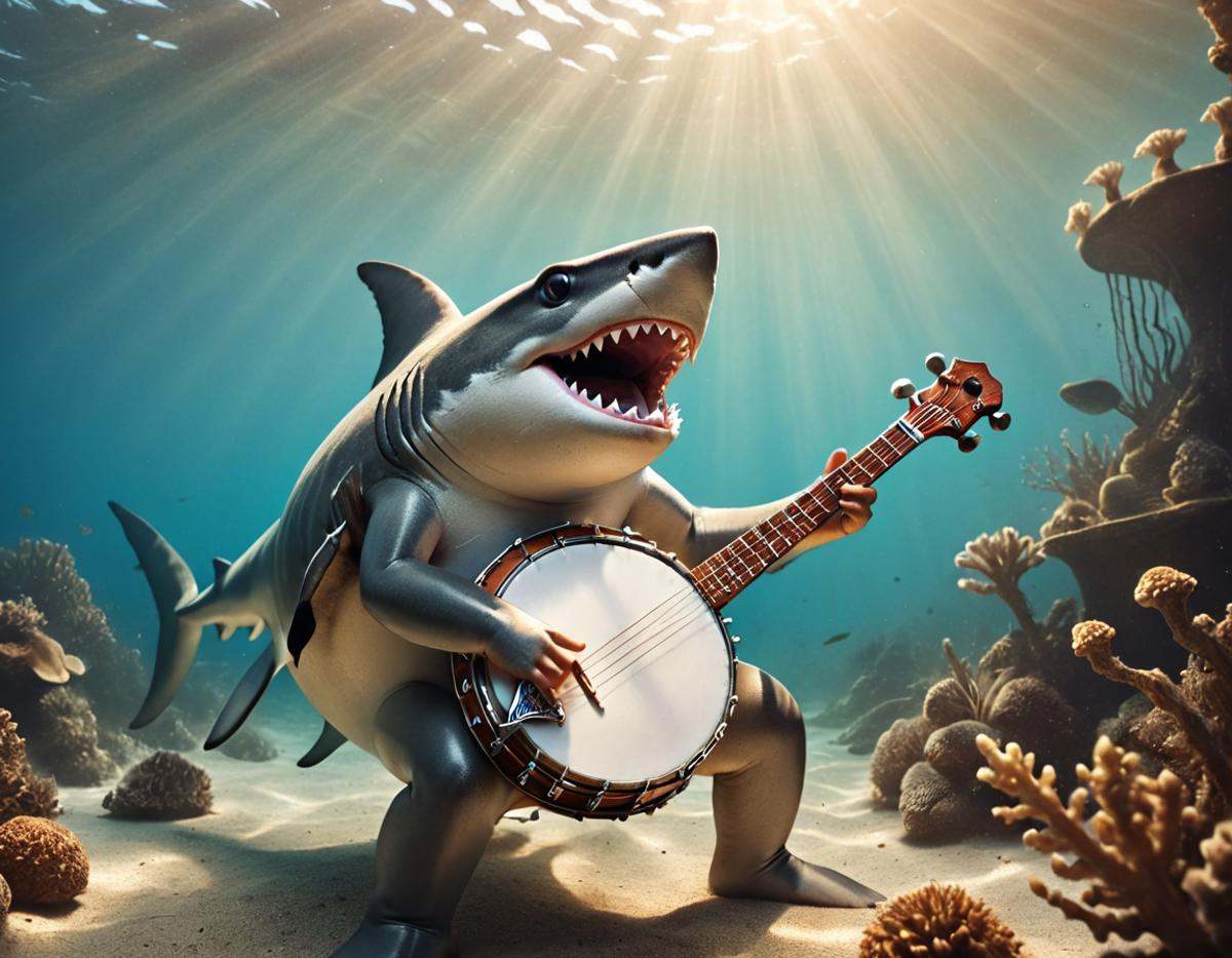 cinematic still musicianlora,  shark playing banjo . emotional,  harmonious on Tensor.Art