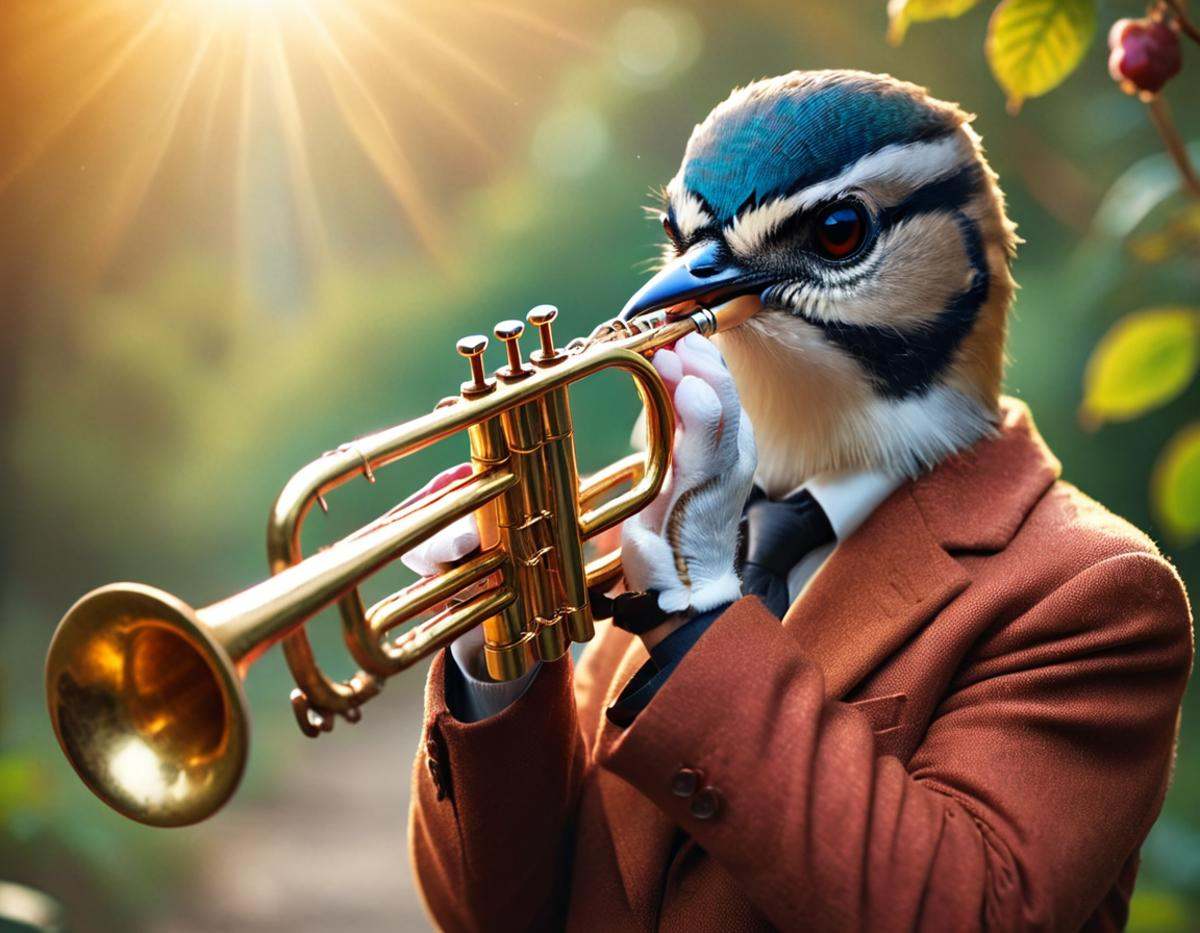 cinematic still musicianlora,  bird playing trumpet . emotional,  harmonious on Tensor.Art