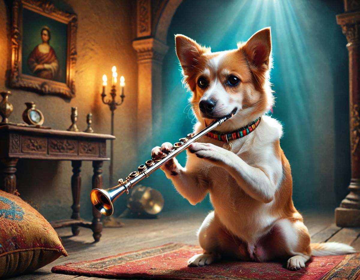cinematic still musicianlora,  dog playing flute . emotional,  harmonious on Tensor.Art