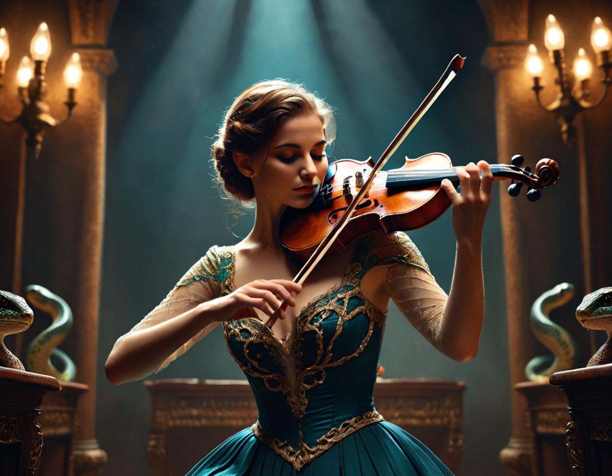 cinematic still musicianlora,  snake playing violin . emotional,  harmonious on Tensor.Art