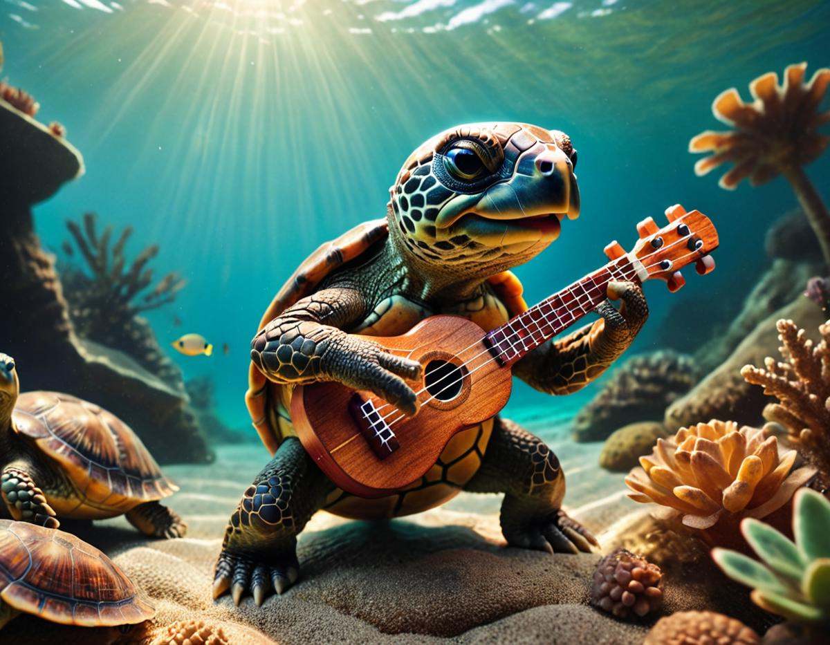 cinematic still musicianlora,  turtle playing ukulele . emotional,  harmonious on Tensor.Art