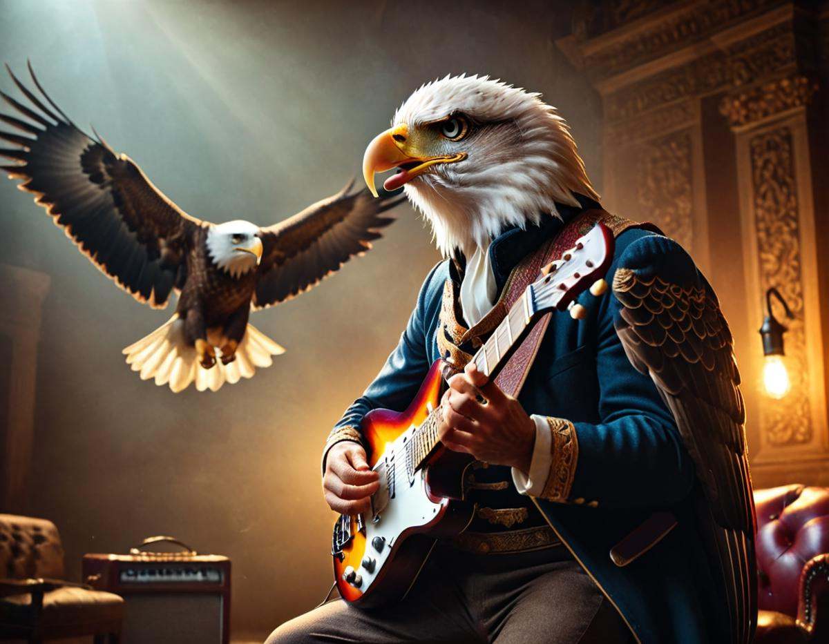 cinematic still musicianlora,  eagle playing guitar . emotional,  harmonious on Tensor.Art