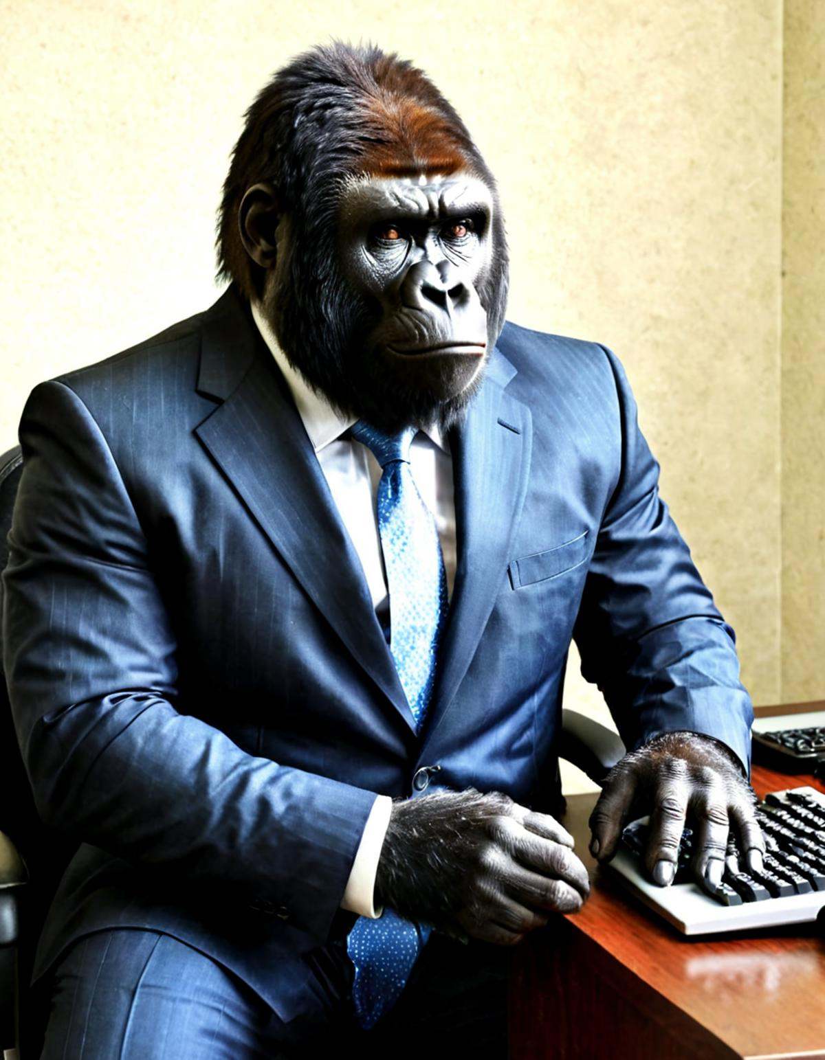 Photorealistic animallora,  gorilla in business suit,  working on computer on Tensor.Art
