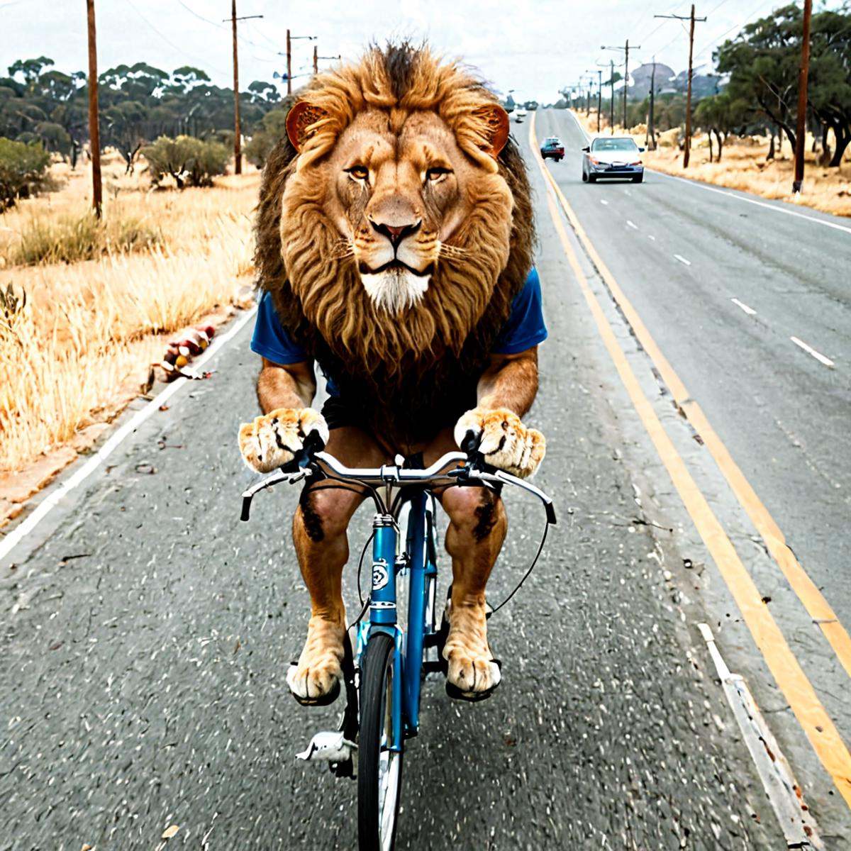 Photorealistic animallora,  lion riding a bike . Ultra-high detail,  lifelike textures on Tensor.Art