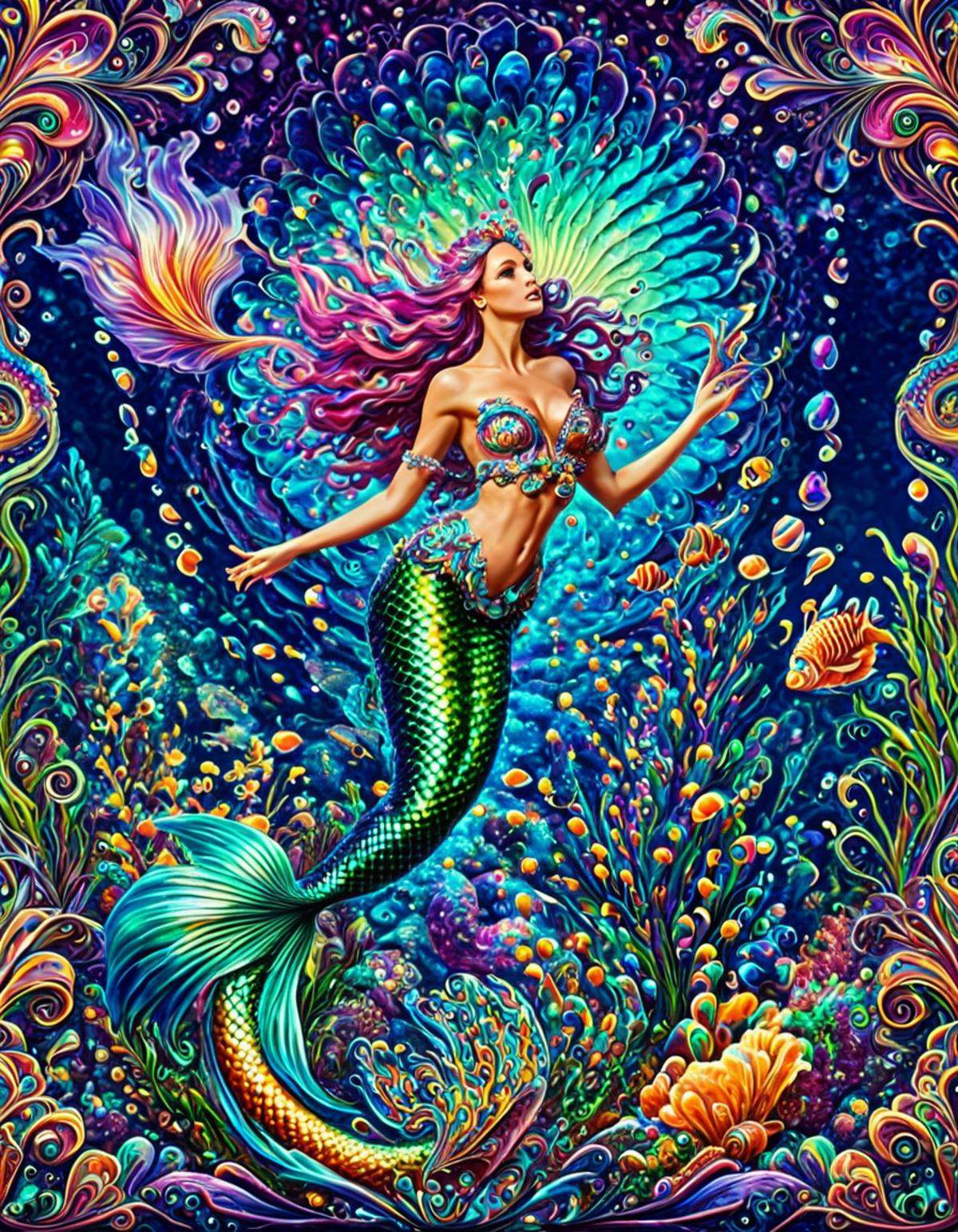 Masterpiece psychedelicv2lora,  1mermaid . Exquisite detail,  flawless composition on Tensor.Art