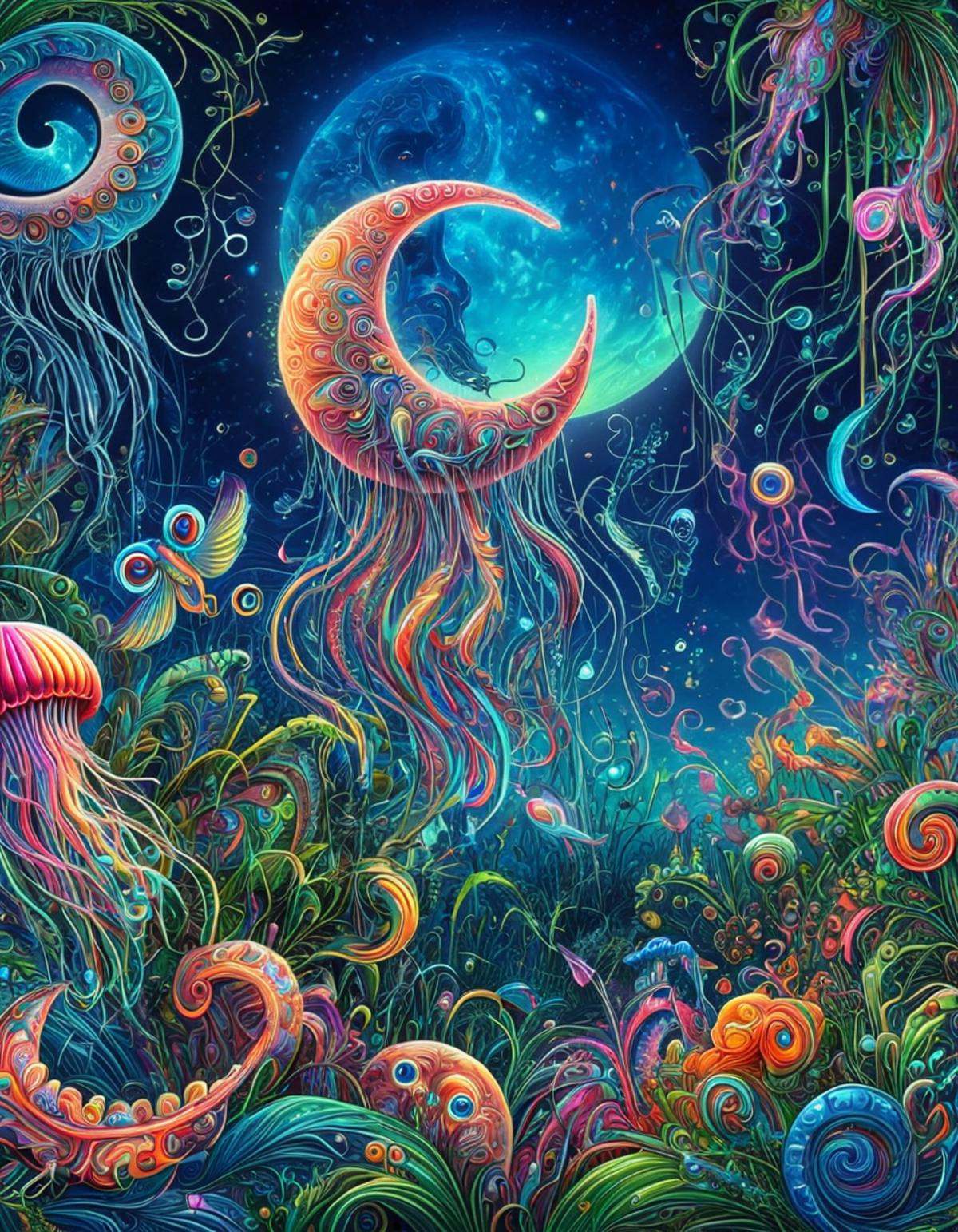 psychedeliclora,  glowing,  crescent moon on Tensor.Art