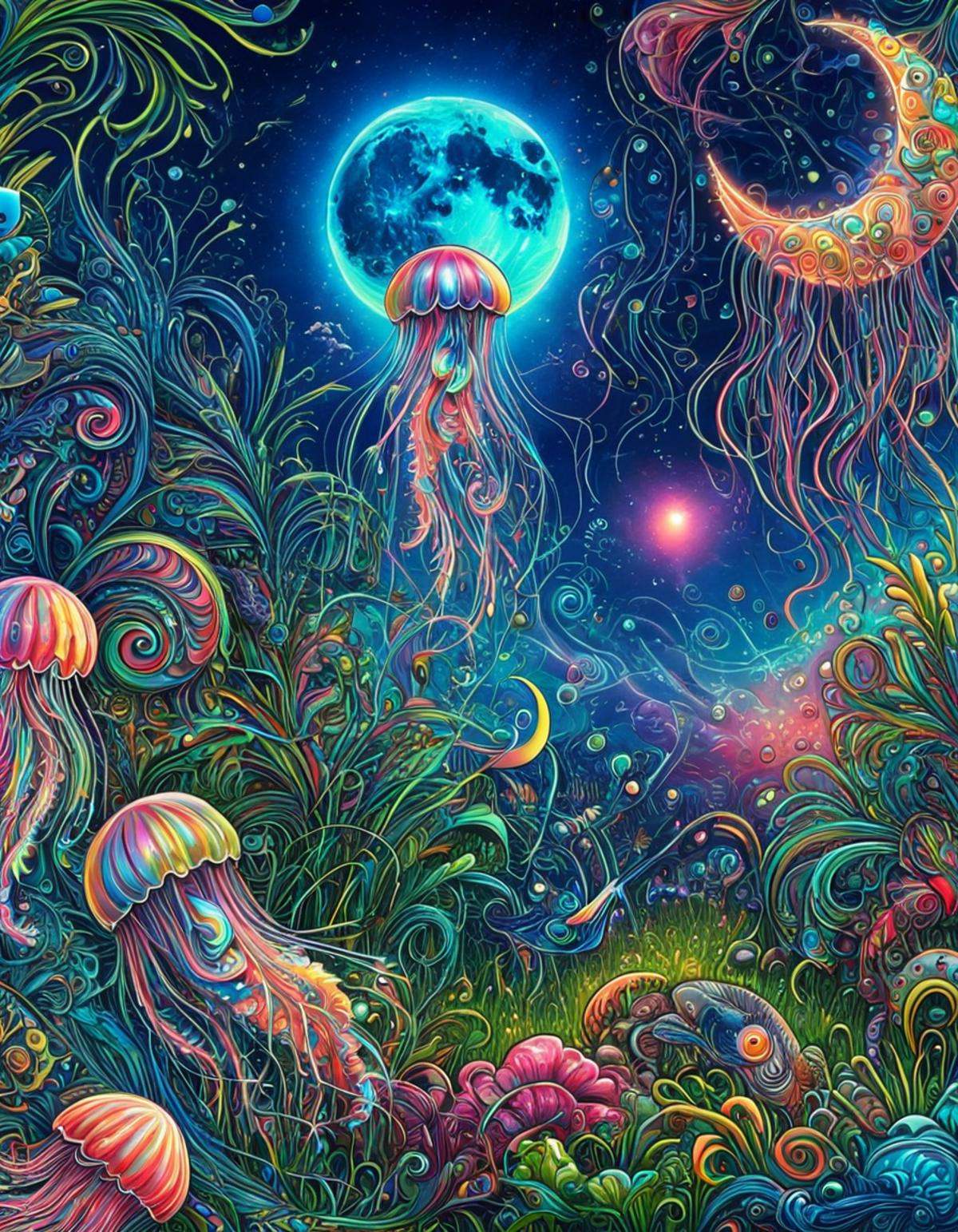 psychedeliclora,  glowing,  crescent moon on Tensor.Art
