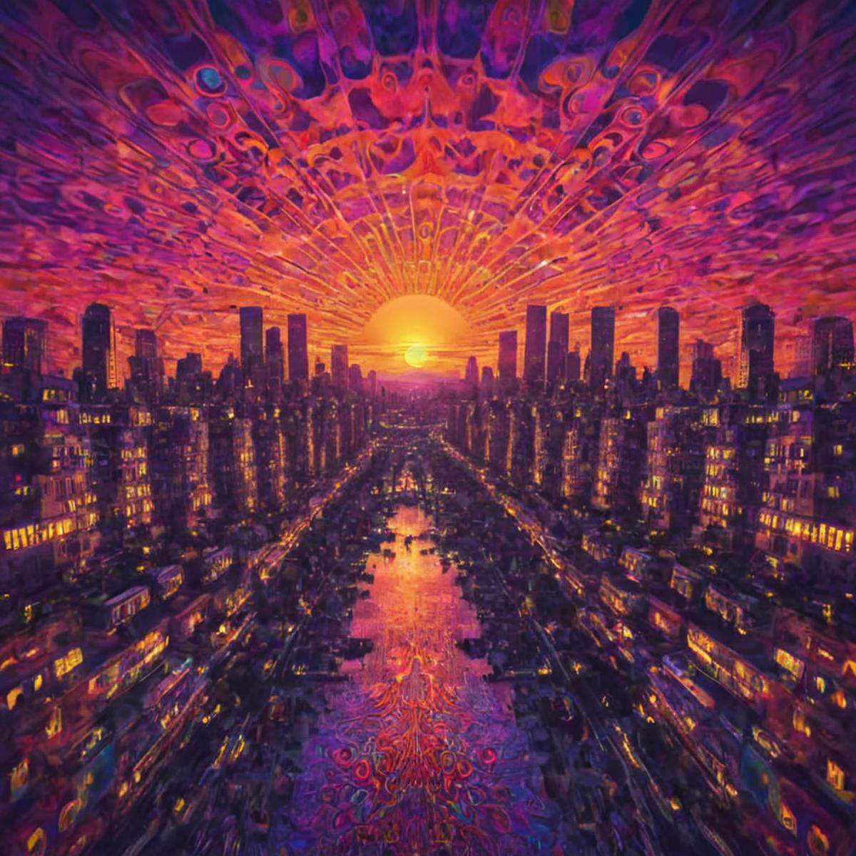 city landscape,  psychedelic,  sunset on Tensor.Art