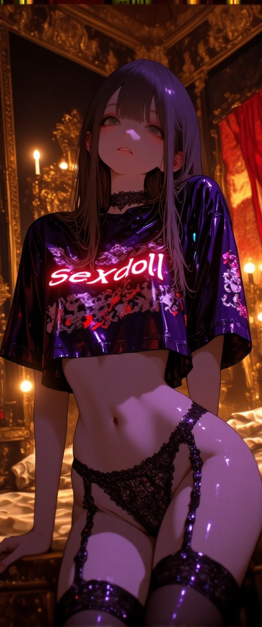 A breathtakingly beautiful anime-style young woman portrayed as a seductive meretriz,  standing in a luxurious,  dimly lit...