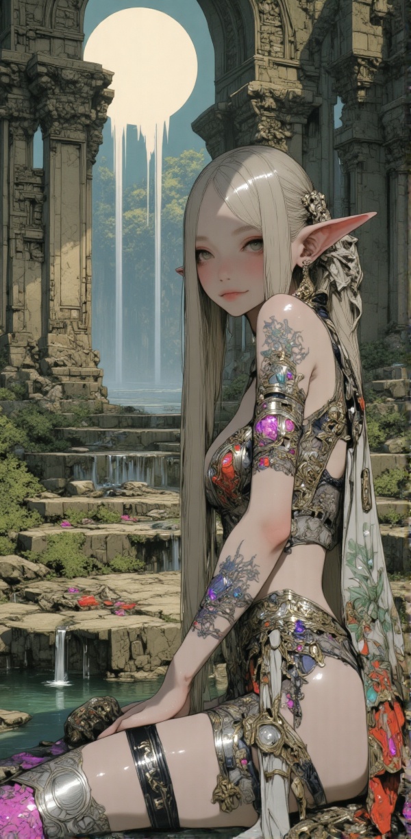 A stunningly beautiful anime-style elven sorceress in a medieval fantasy setting,  exuding sensuality in a lush,  enchante...