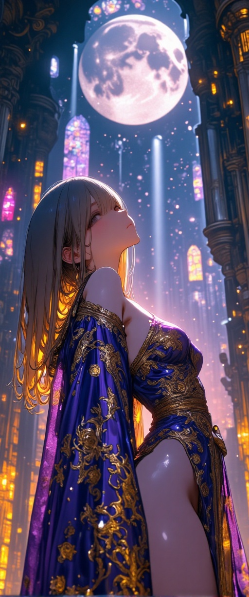Prompt: "A breathtakingly beautiful anime-style sorceress standing in a mystical,  ancient temple illuminated by ethereal,...