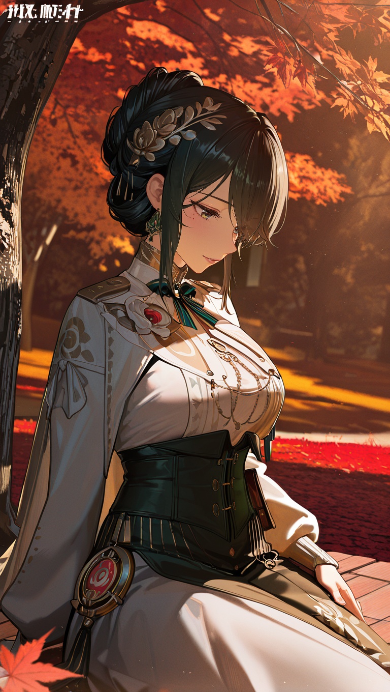 A young woman sits among richly colored autumn leaves,  with golden and red hues surrounding her. Her attire exudes an ele...