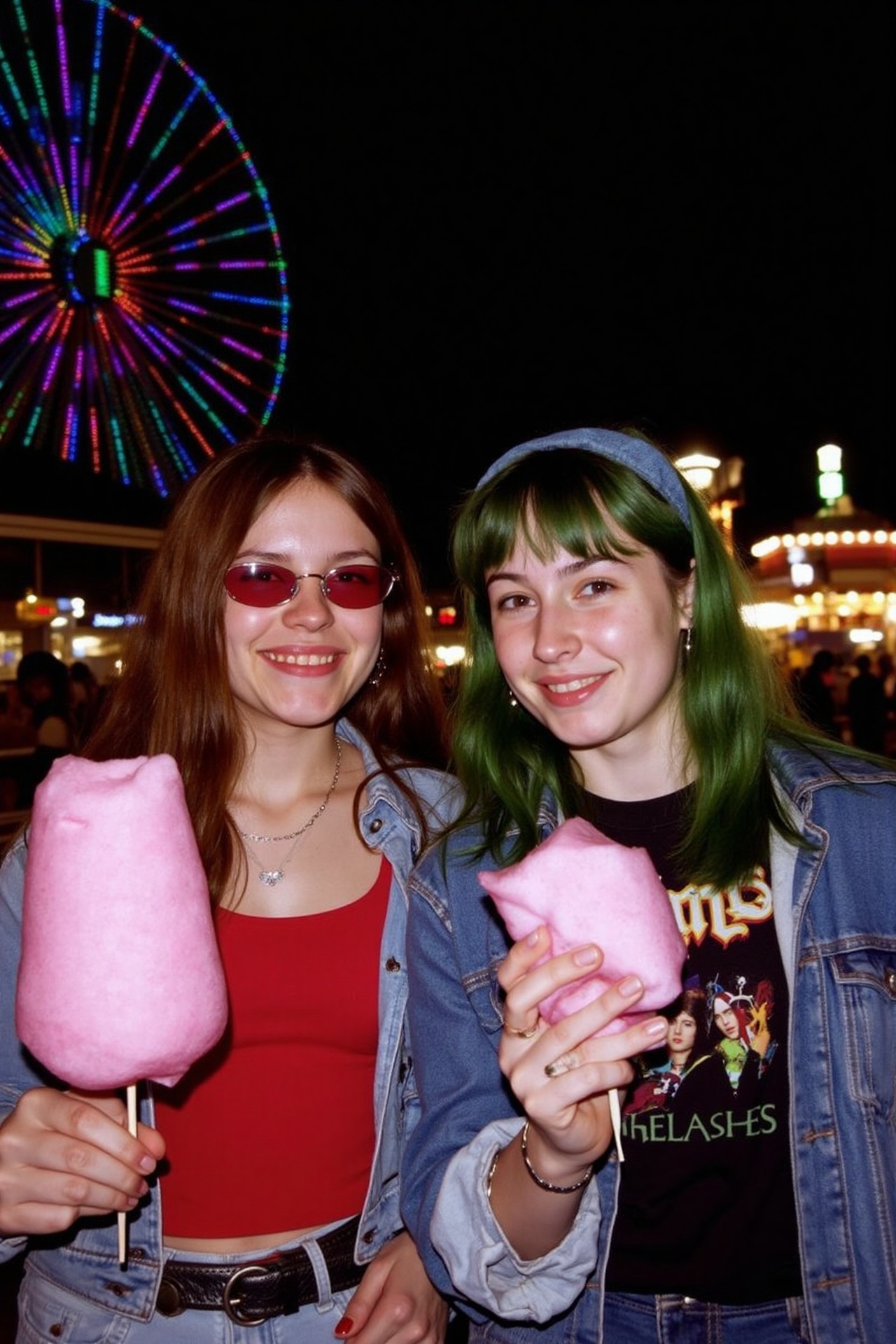 Two young women at a nighttime carnival both holding cotton candy. The woman on the left has long brown hair wearing a red...
