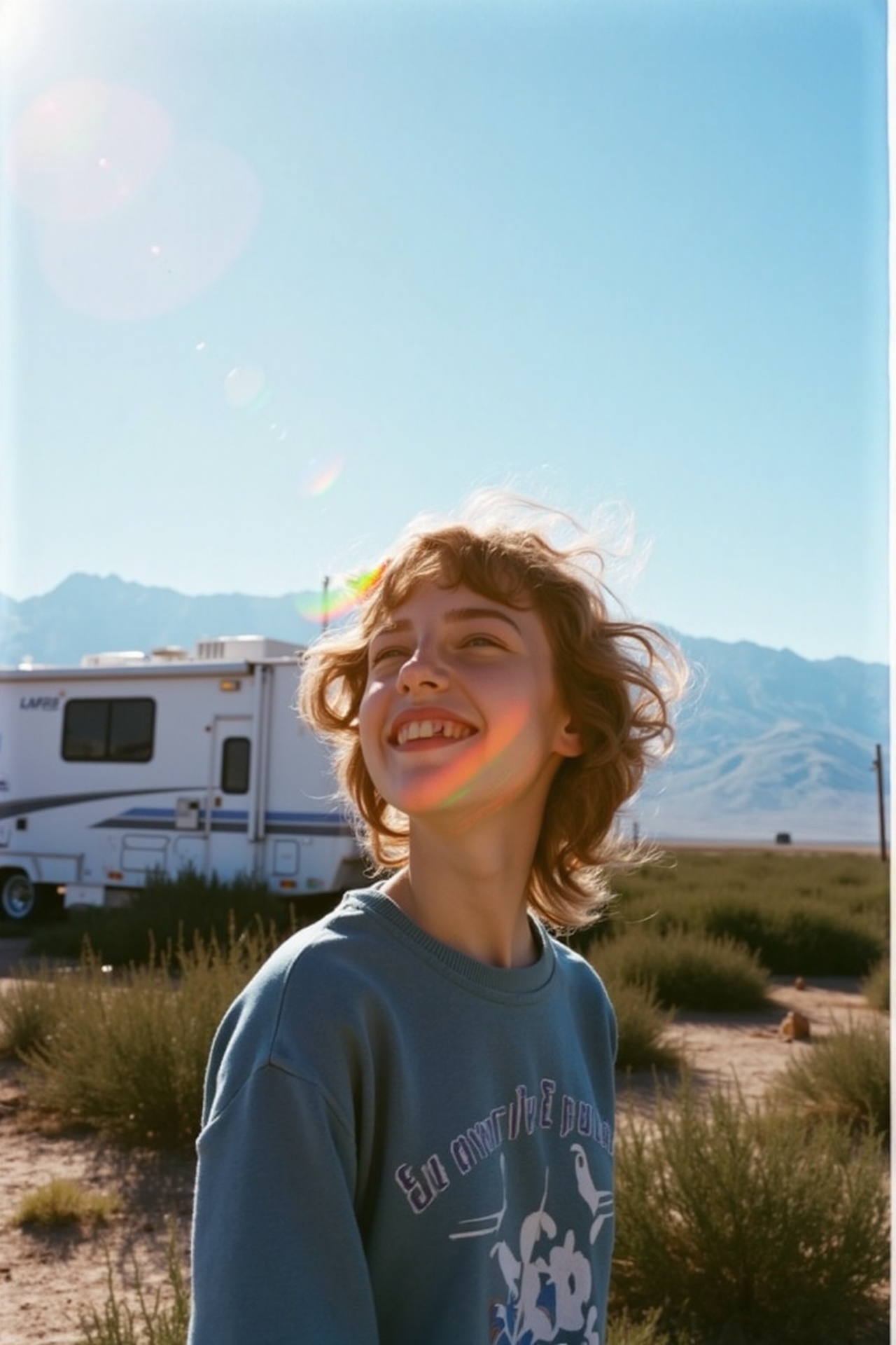 A woman with curly brown hair wearing a blue sweater with a white graphic stands in a desert landscape. She's smiling broa...