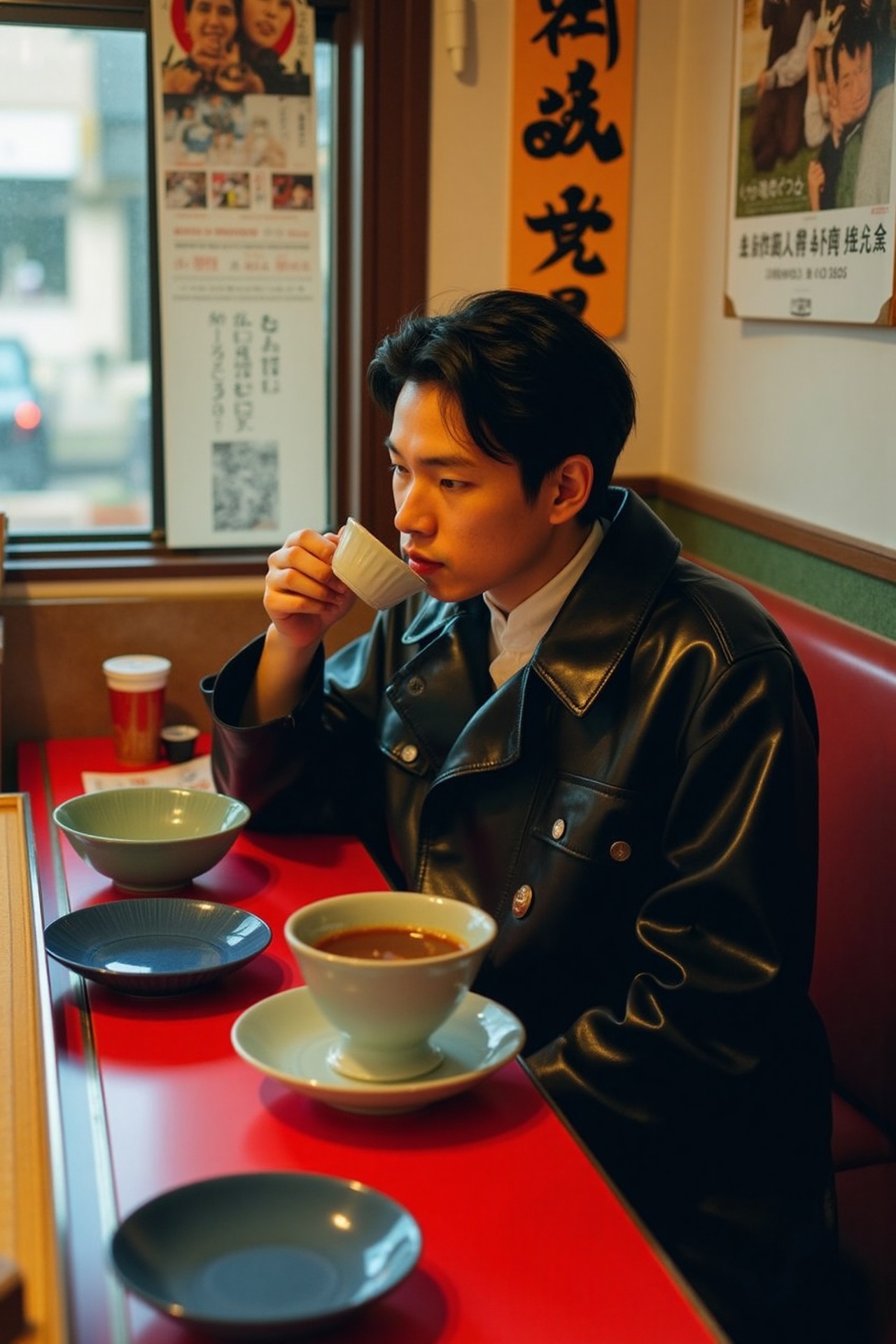 A stylish man in a shiny black trench coat sits at a Japanese restaurant counter sipping from a bowl. He has short slicked...
