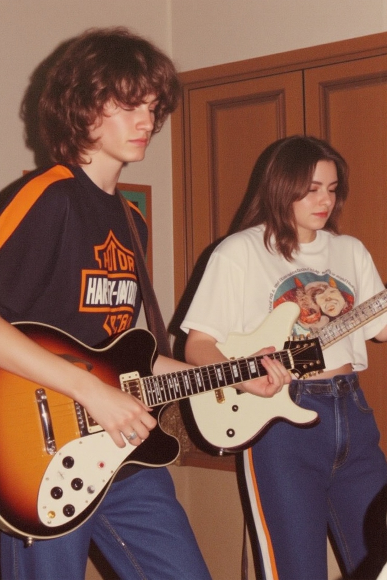 A photograph of two young person playing electric guitars indoors. The man on the left has curly brown hair wears a black...