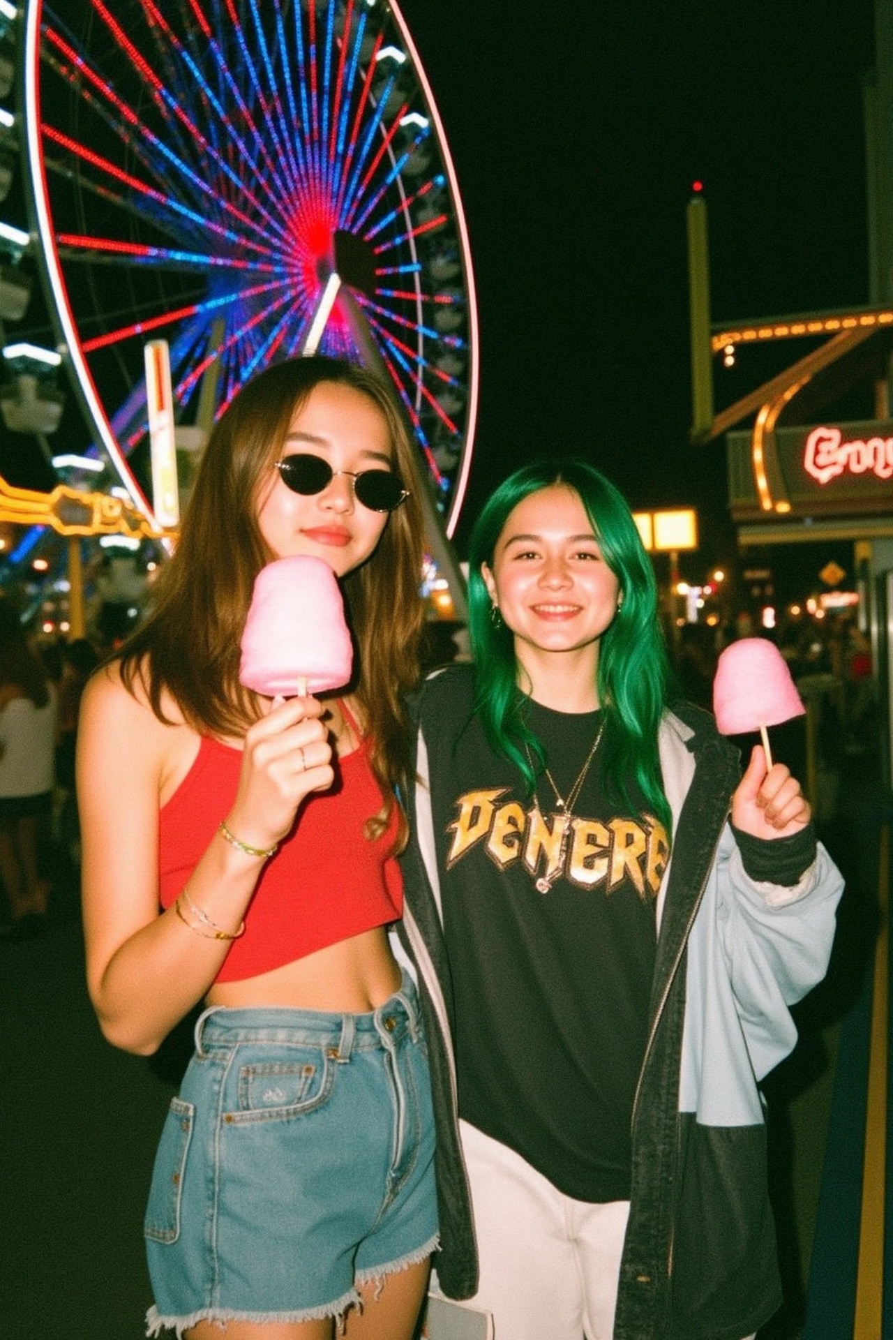 Two young women at a nighttime carnival both holding cotton candy. The woman on the left has long brown hair wearing a red...