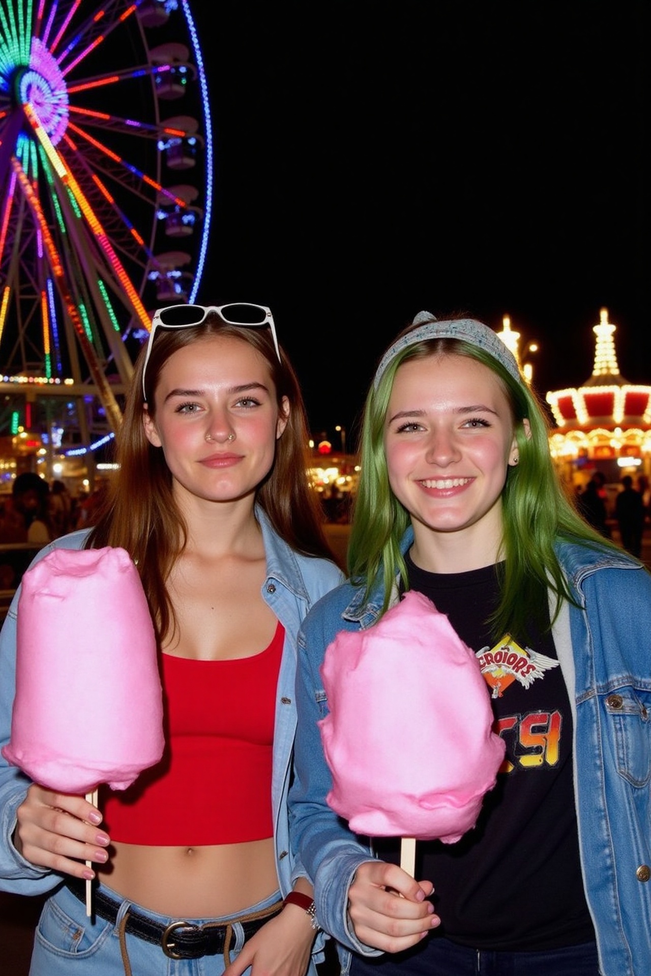 Two young women at a nighttime carnival both holding cotton candy. The woman on the left has long brown hair wearing a red...