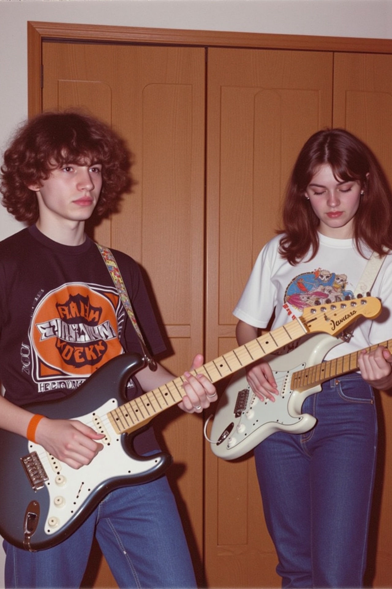 A photograph of two young person playing electric guitars indoors. The man on the left has curly brown hair wears a black...
