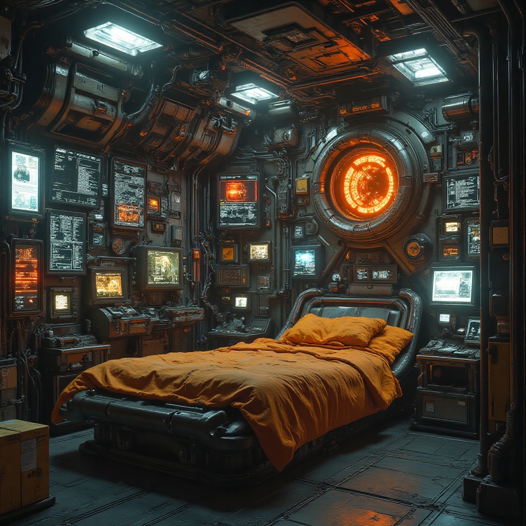A futuristic environment with a cyberpunk and industrial aesthetic,  representing a highly technological and functional ro...
