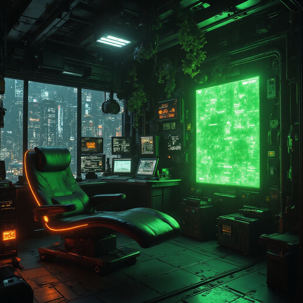 A futuristic and cyberpunk environment,  characterized by a dark and sophisticated room equipped with various technologica...