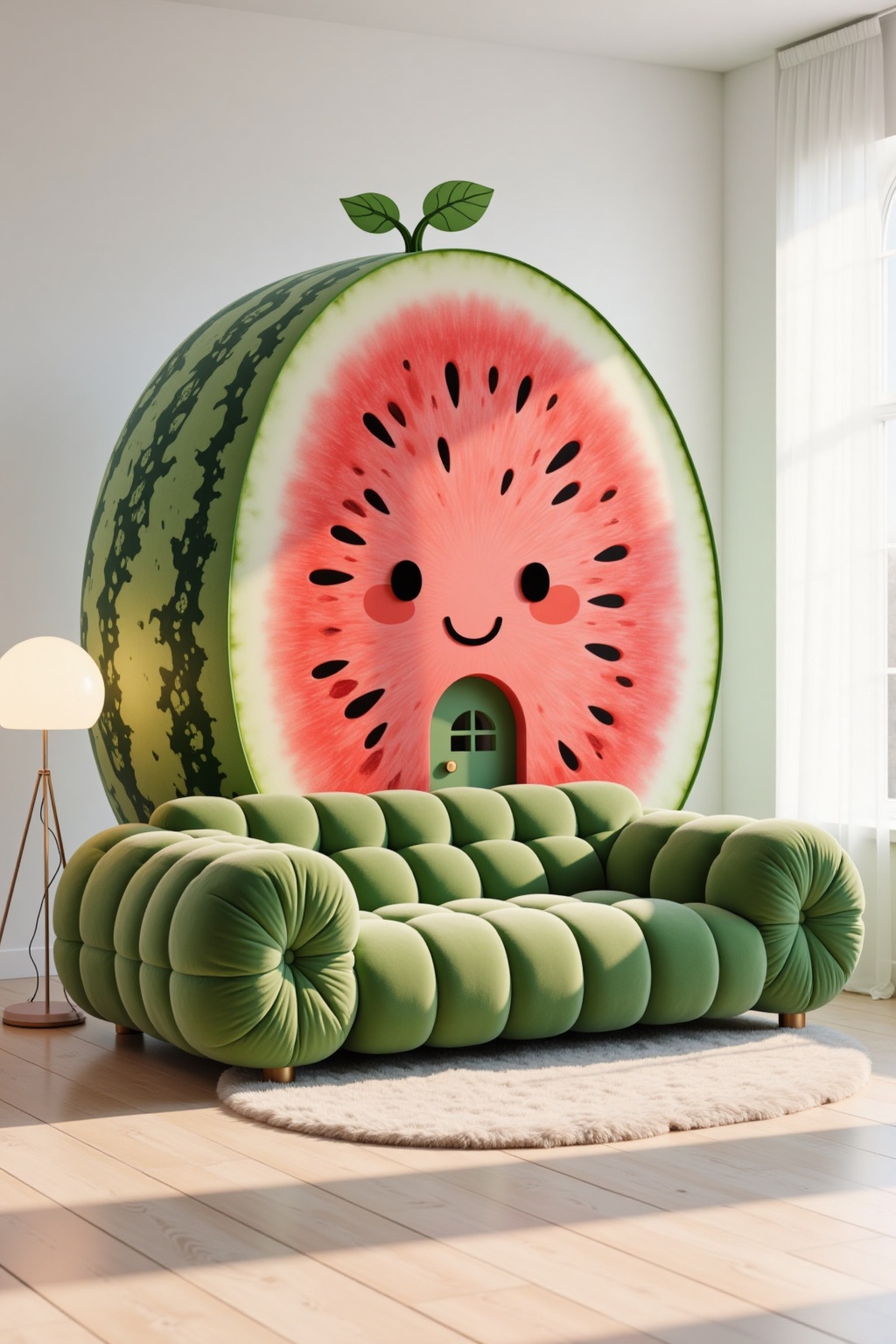 The image depicts a whimsical and playful scene inside a room. A large watermelon is positioned as a wall,  creating a coz...