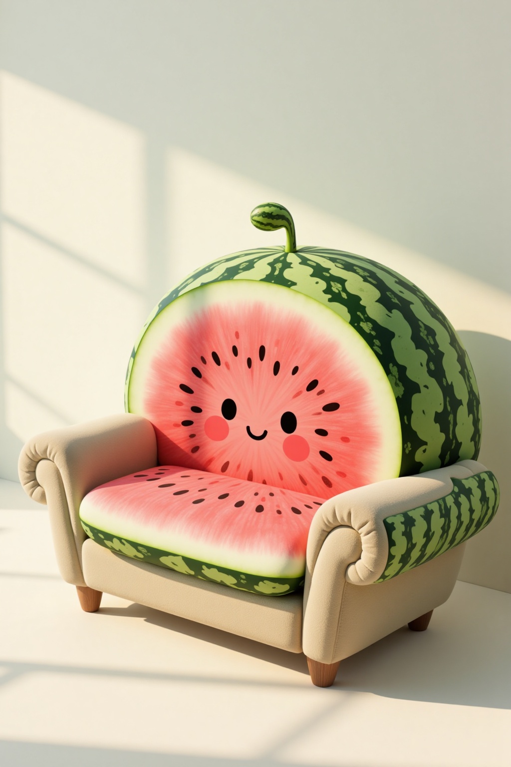 The image depicts a whimsical scene where a watermelon has been creatively transformed into a couch. The watermelon's oute...