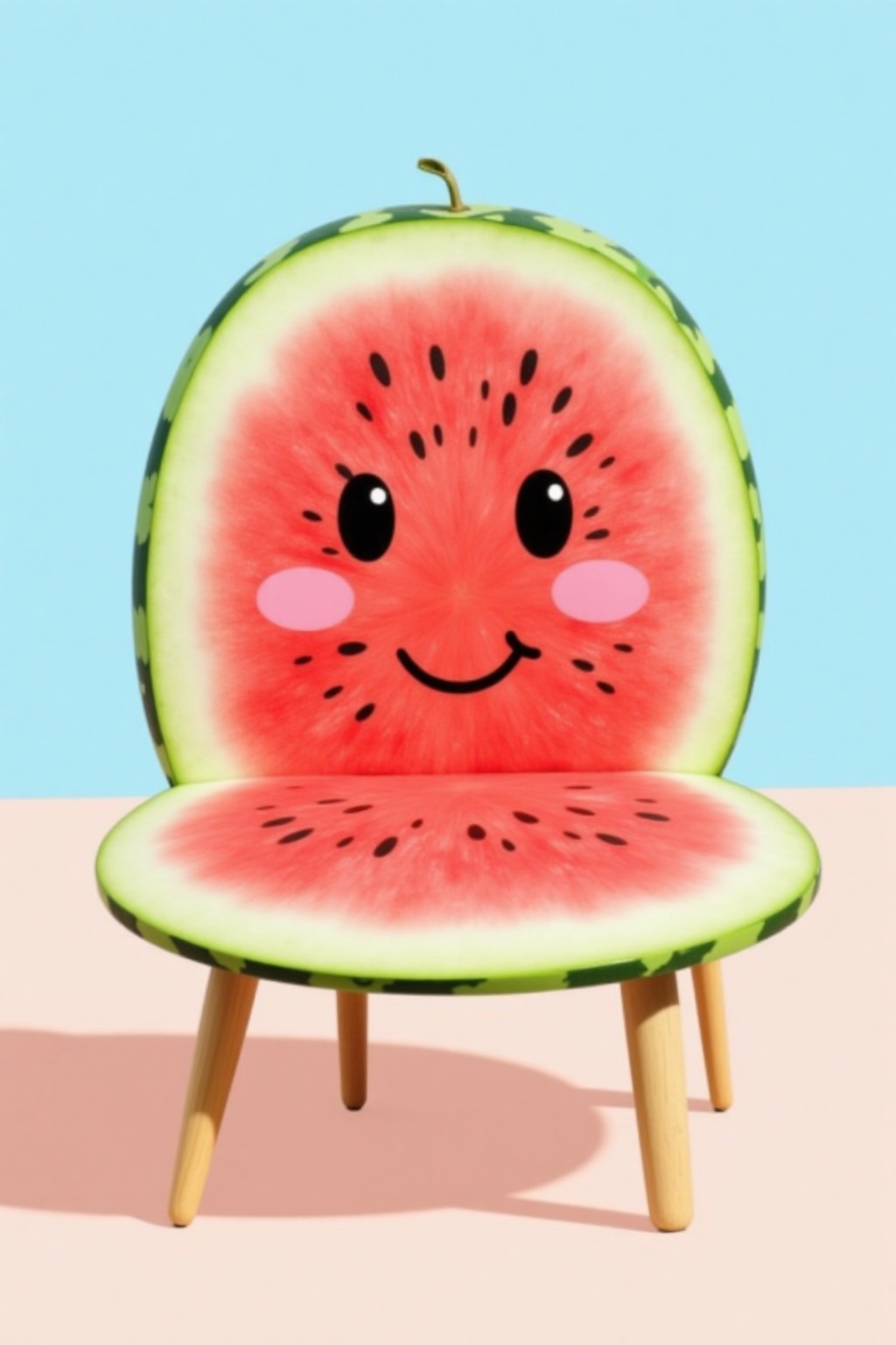 The image depicts a whimsical chair made entirely of a watermelon slice. The chair has a smiling face with black dots for...