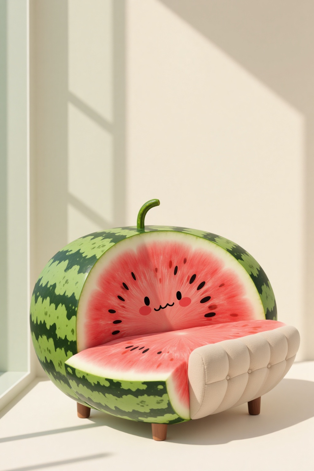 The image depicts a whimsical scene where a watermelon has been creatively transformed into a couch. The watermelon's oute...