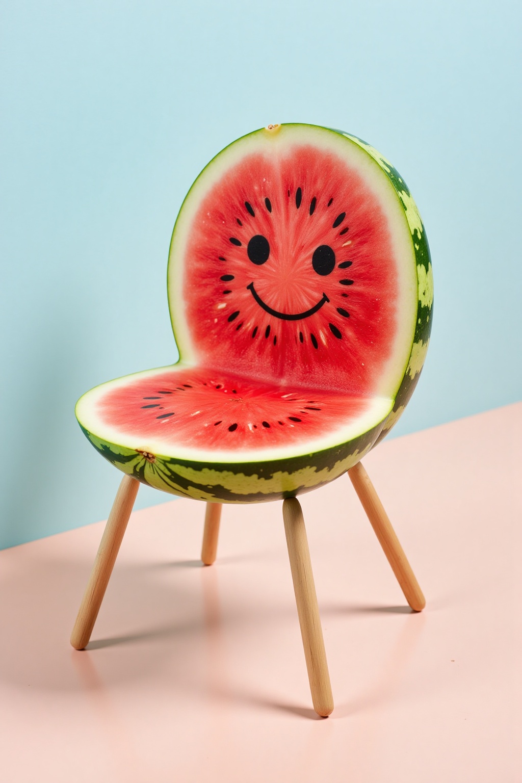 The image depicts a whimsical chair made entirely of a watermelon slice. The chair has a smiling face with black dots for...