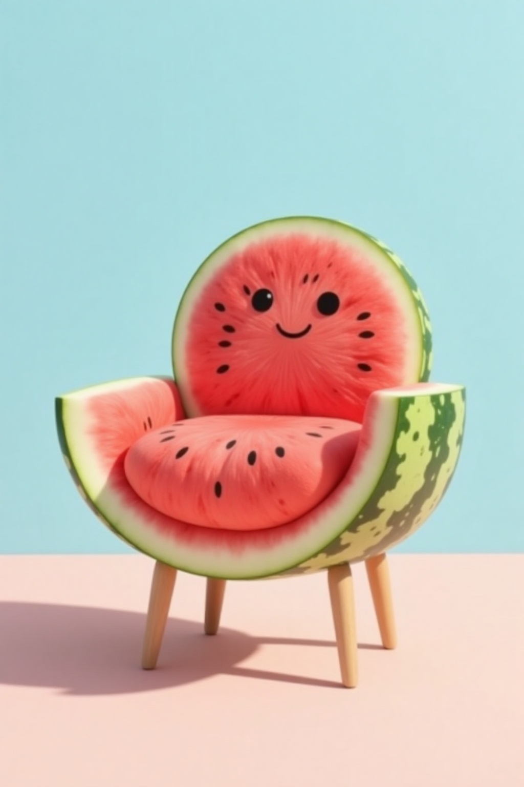 The image depicts a whimsical chair made entirely of a watermelon slice. The chair has a smiling face with black dots for...