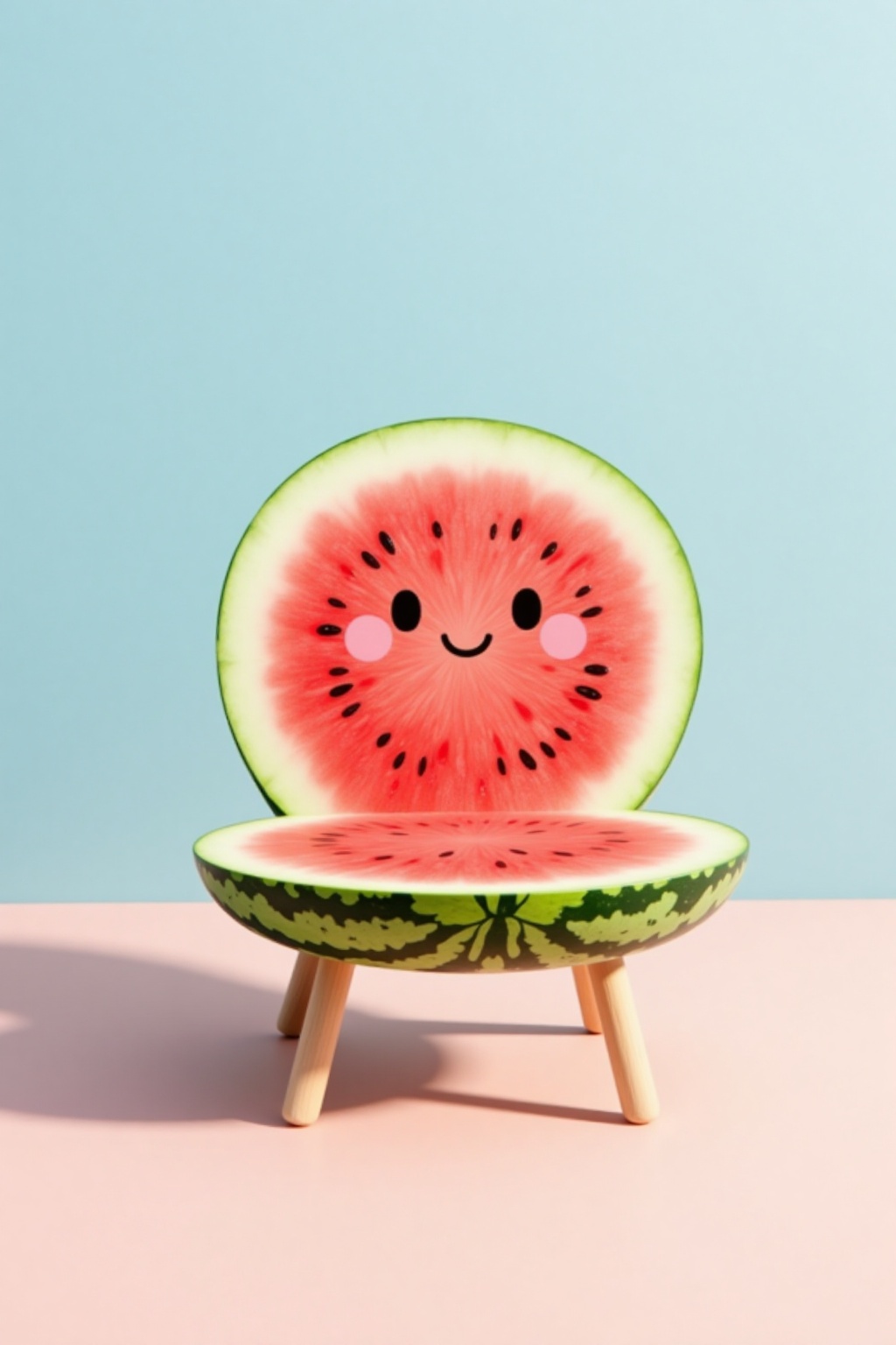 The image depicts a whimsical chair made entirely of a watermelon slice. The chair has a smiling face with black dots for...