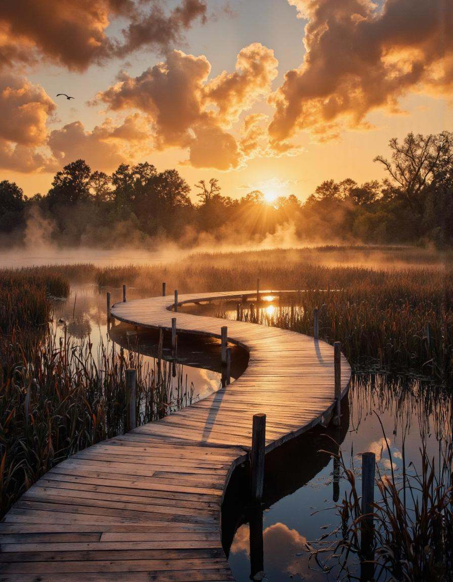 . A serene and peaceful scene featuring a wooden boardwalk winding through a misty pond at sunset. the boardwalk is surrou...
