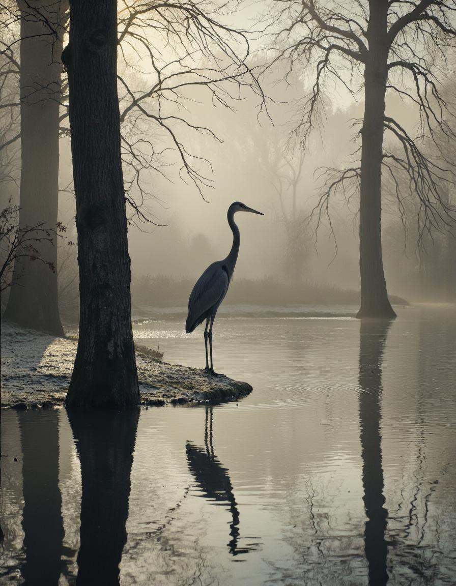 . A bird standing on the edge of a misty river with its reflection in the water,  surrounded by bare trees and a serene at...