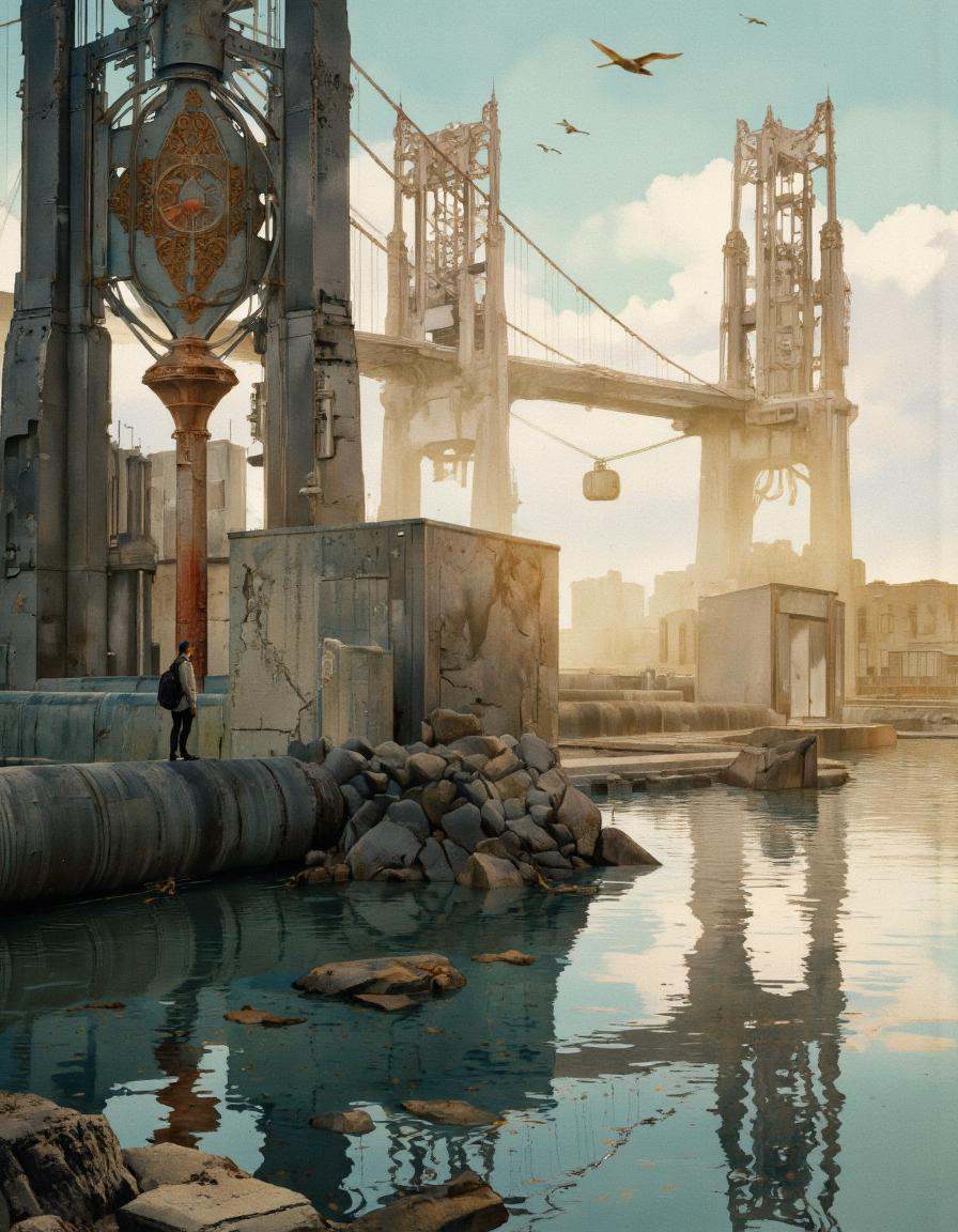 . A digital illustration shoot from a far camera angle about a futuristic cityscape with tall industrial structures and st...