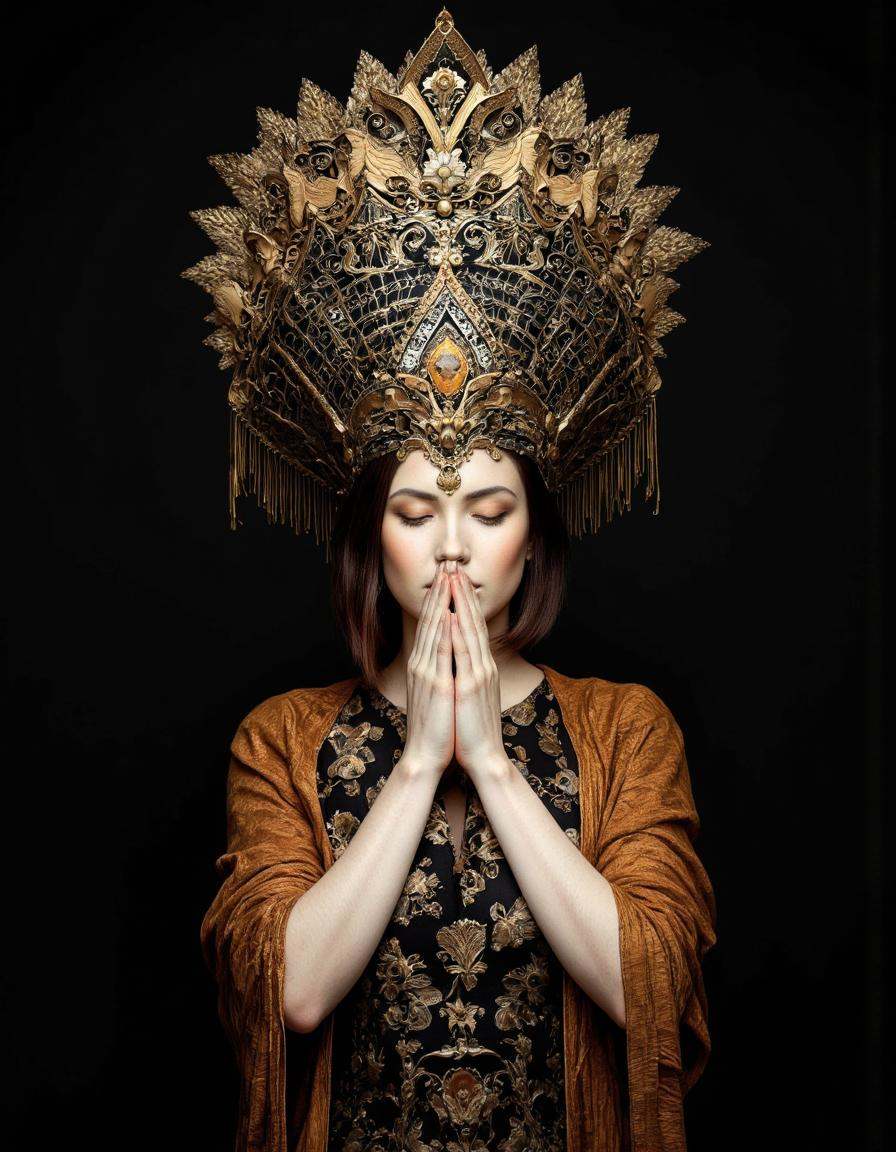 . A photo-realistic shoot from a portrait camera angle about a woman wearing ornate black and gold attire with a large,  o...