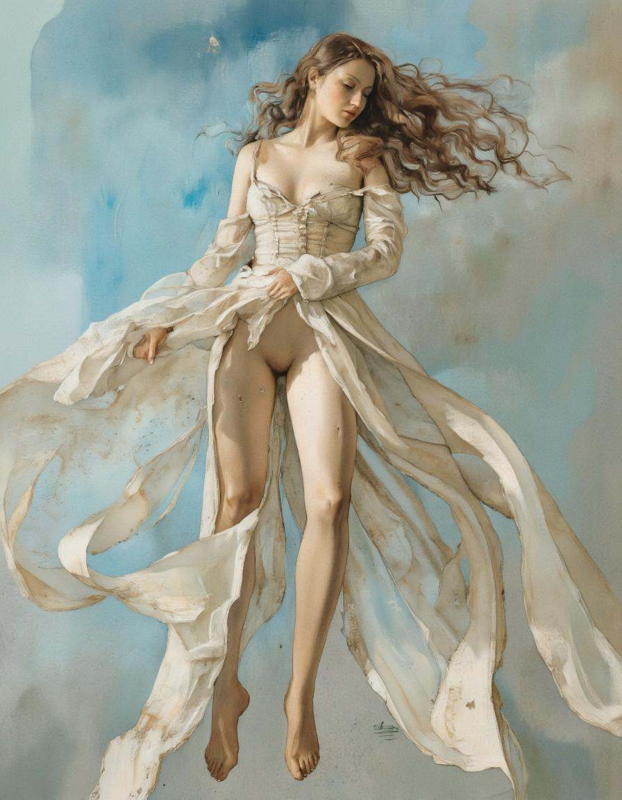 . A photo-realistic painting of a woman from below,  captured from a low angle. the woman,  who appears to be in her mid-t...
