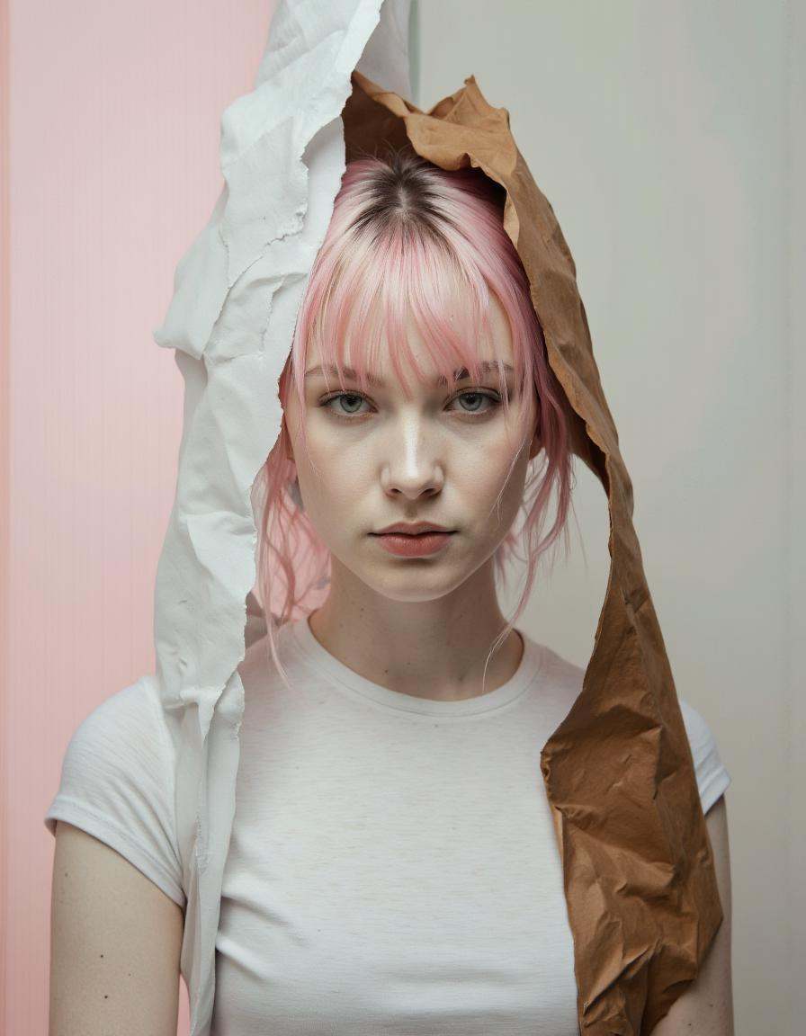 . A photo-realistic portrait of a young woman with pale skin and light pink hair,  partially obscured by a torn piece of p...