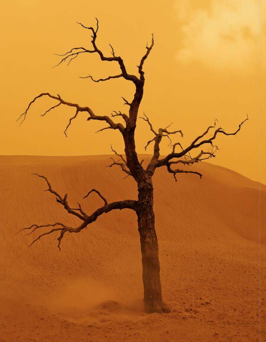 . A lone tree stands in the middle of a desert landscape,  surrounded by a thick layer of dust. the tree is bare,  with no...
