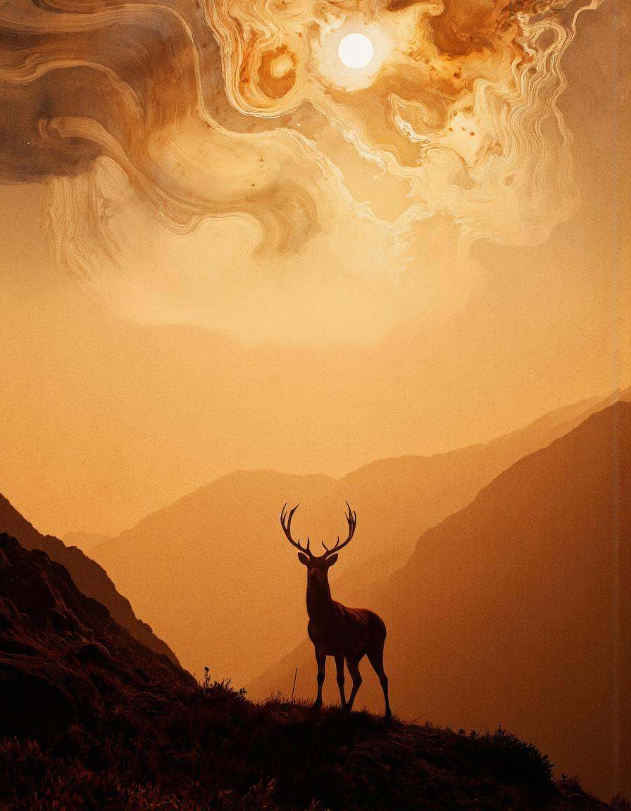 . A photo-realistic shoot from a low angle about a silhouette of a deer standing on a hilltop,  surrounded by a mountainou...