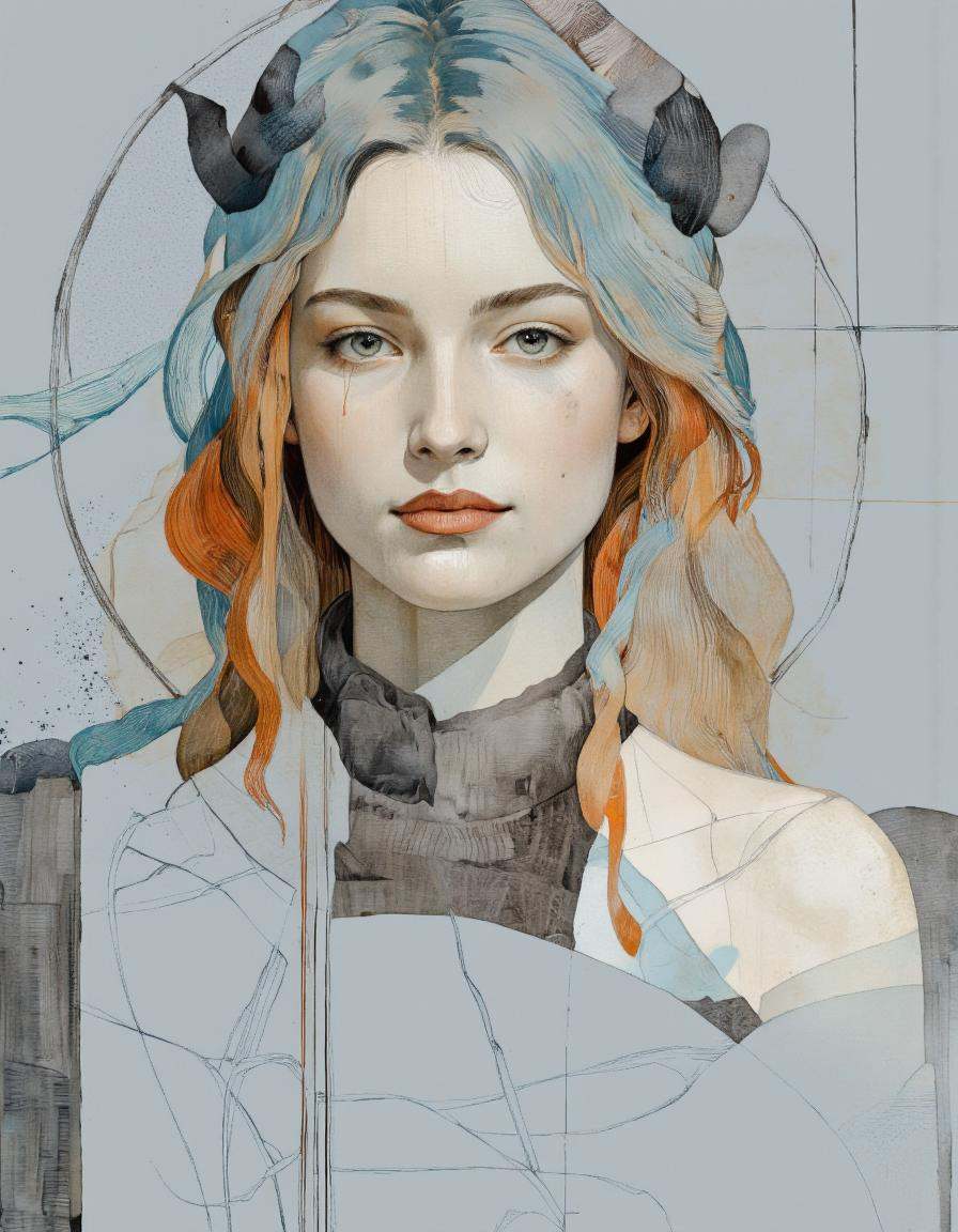 . A digital illustration shoot from a portrait camera angle about a stylized portrait of a woman with abstract lines and g...